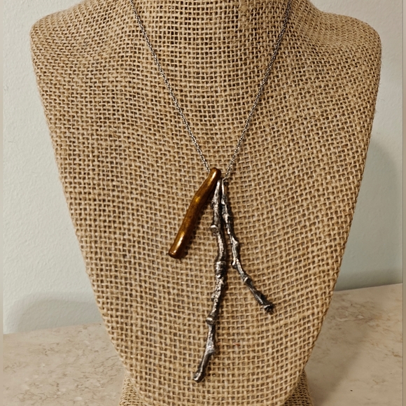 Artisan Jewelry - Handmade Oxidized Silver 925 & Gold Lacquer Coral Twig Branch Pendants Necklace